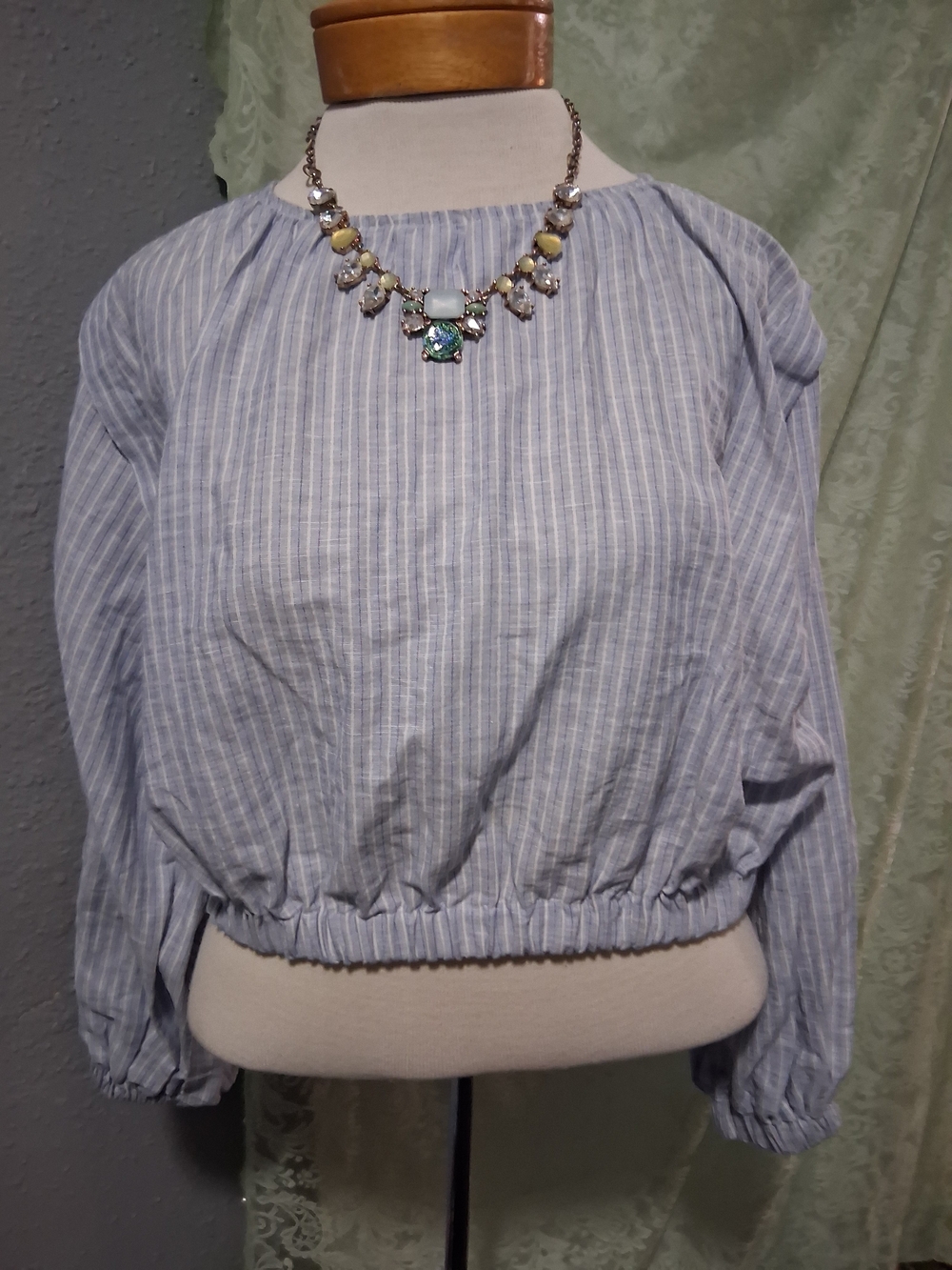 Zara Light Blue Striped Cropped Peasant Top